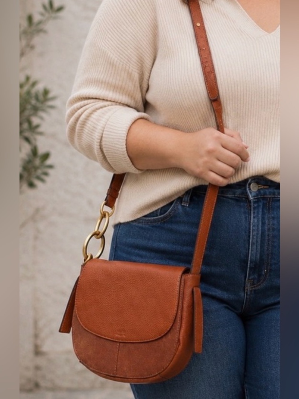 Vince Camuto Brown Genuine Leather & Suede Crossbody Bag Brass Hardware